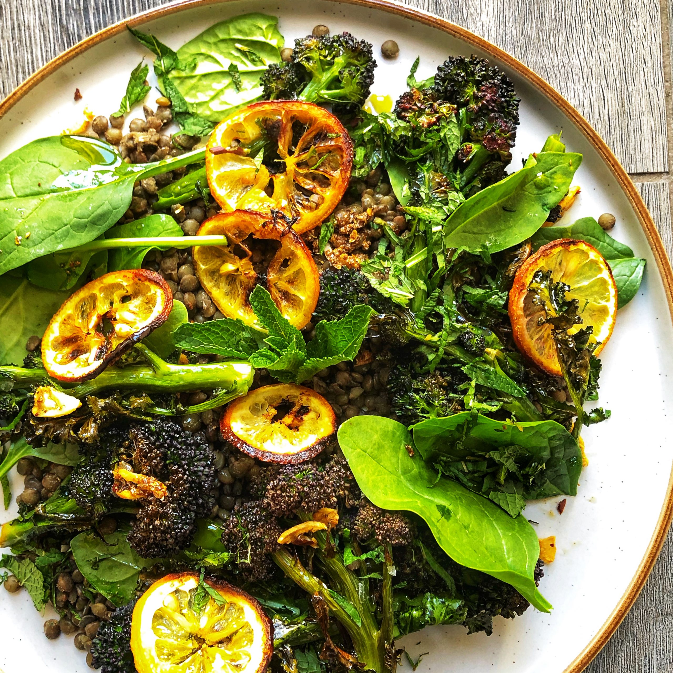 Spiced Puy Lentils, Purple Sprouting Broccoli, Baby Spinach with Lemon | Therapeutic Kitchen