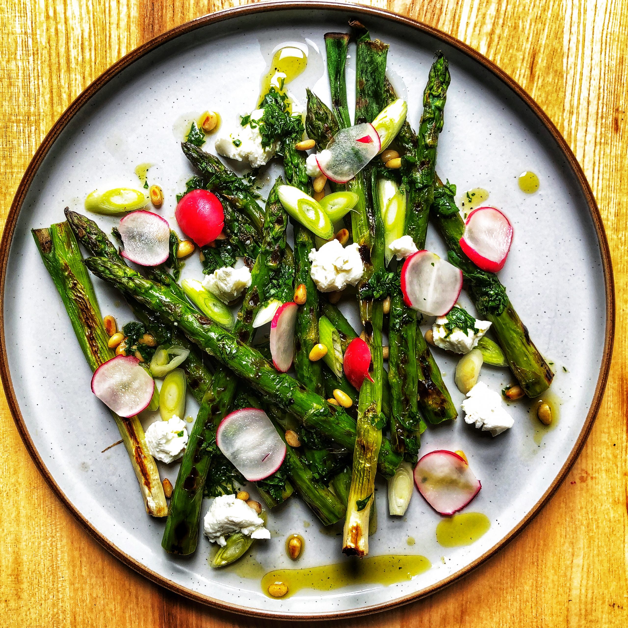Asparagus and Spring Onions with Goat's cheese, pine nuts, herby lemon dressing | Therapeutic Kitchen