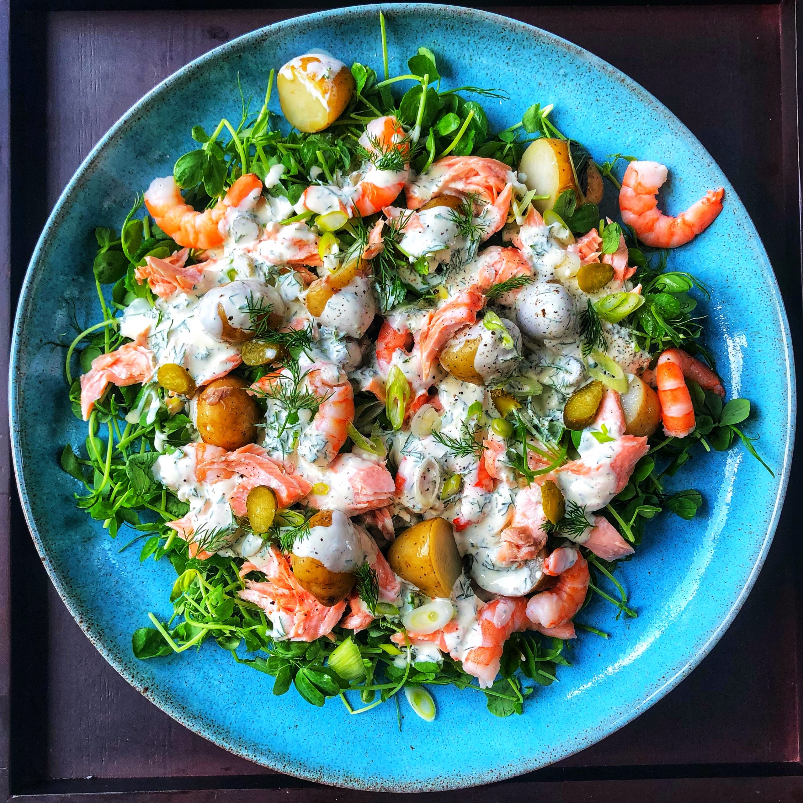 Poached salmon, prawn, pea shoot and Jersey Royal Salad with yoghurt and dill dressing | Therapeutic