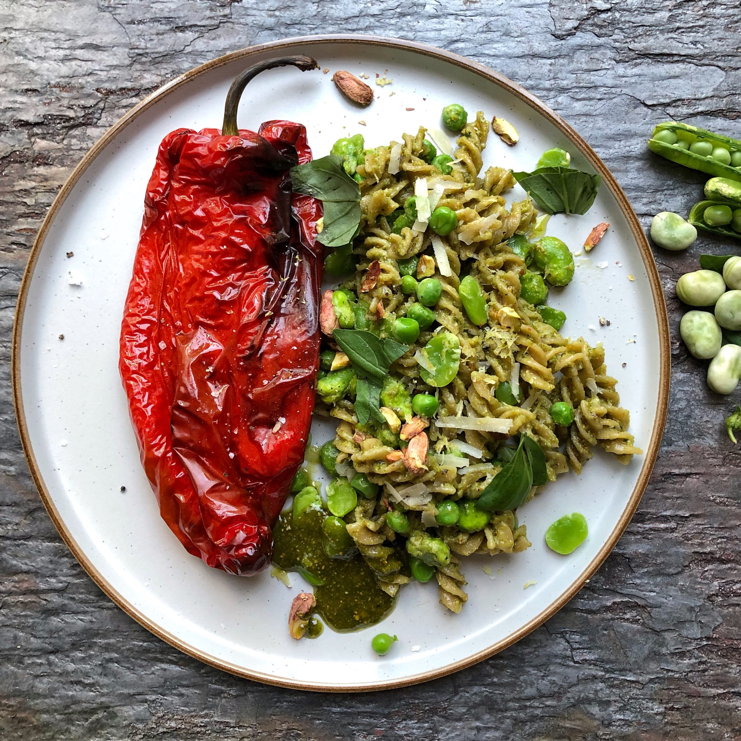 Broad bean, pea and wholemeal pasta with pistachio pesto | Therapeutic Kitchen