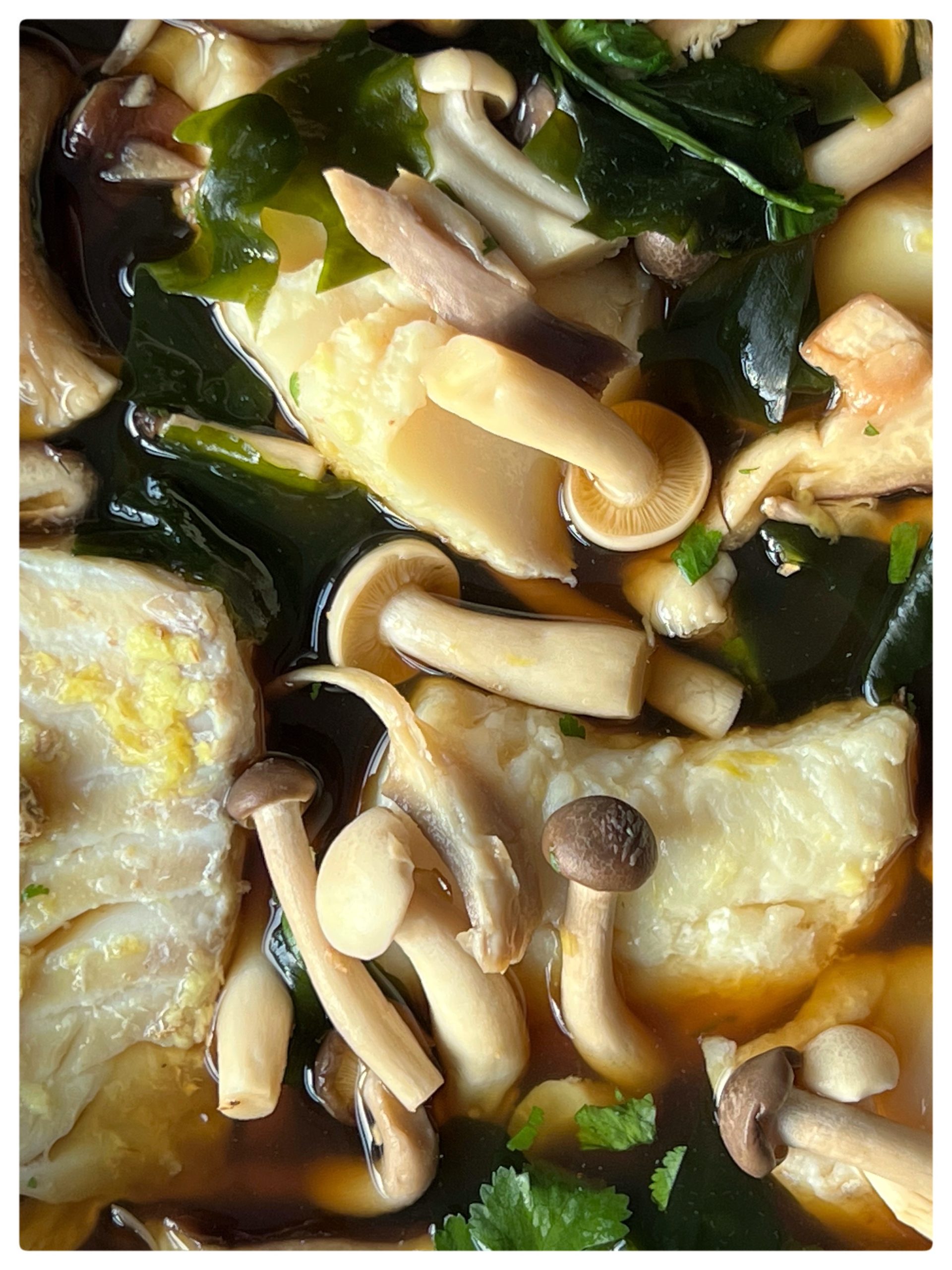 Dashi broth with poached cod, shiitake and enoki mushroom | Therapeutic Kitchen