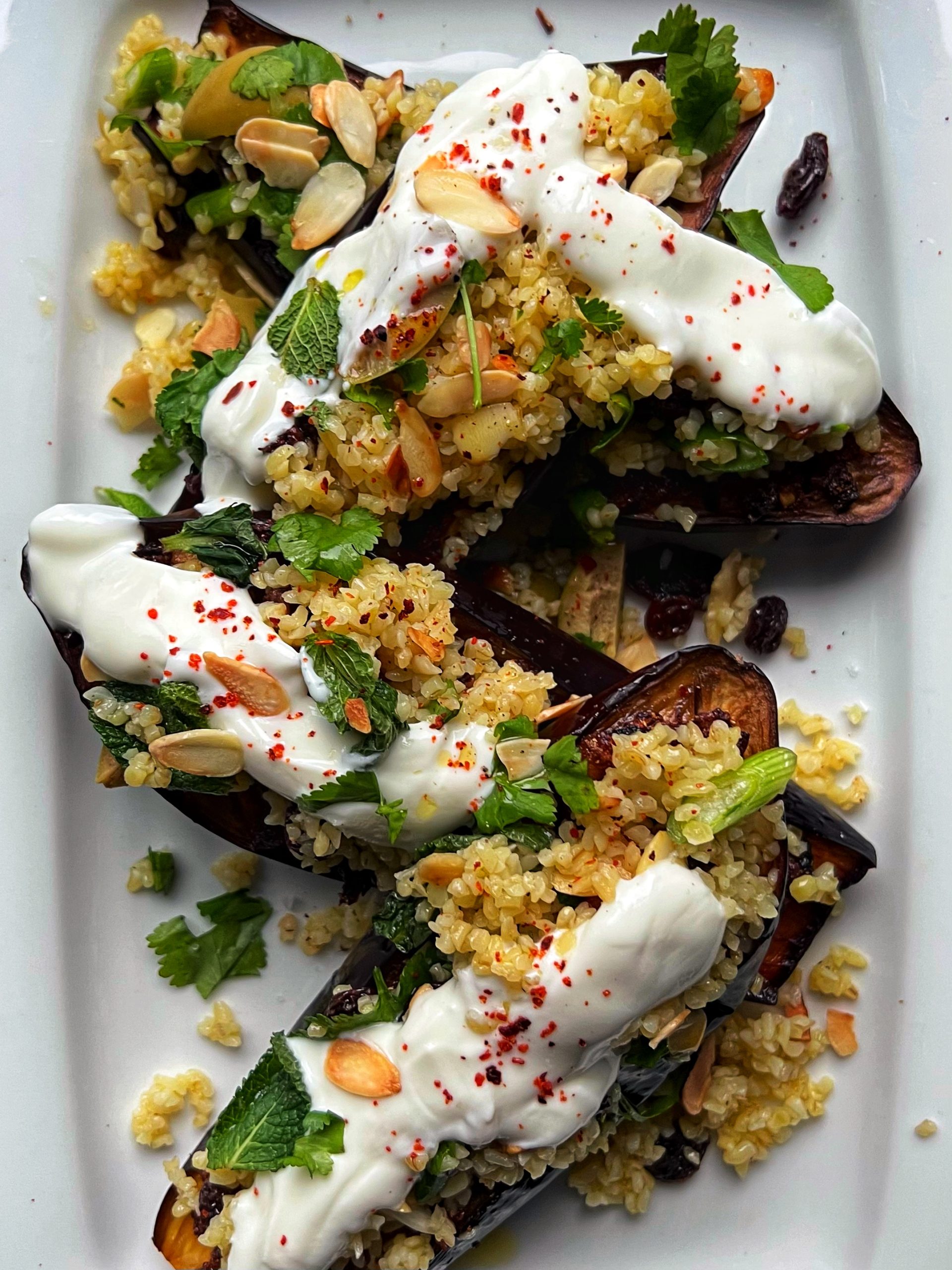 Chermoula roasted aubergine with herbed bulgur wheat salad and yoghurt | Therapeutic Kitchen